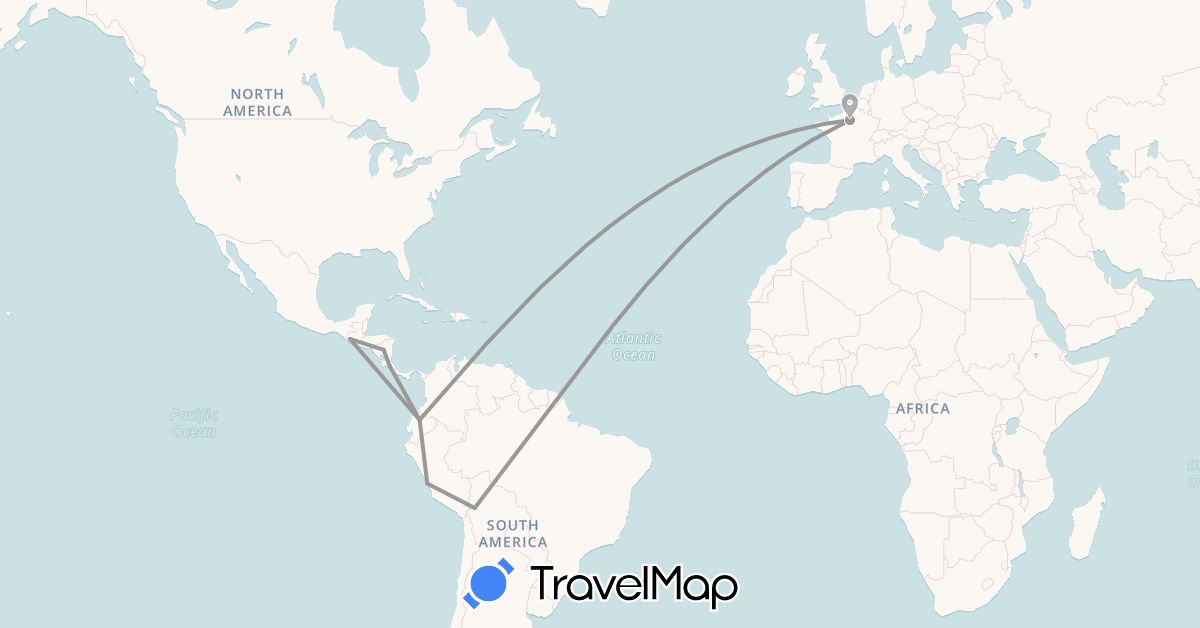 TravelMap itinerary: driving, plane in Ecuador, France, Guatemala, Nicaragua (Europe, North America, South America)